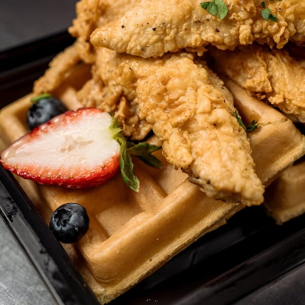 Golden fried chicken tenders on a waffle, garnished with a strawberry half and blueberries.
