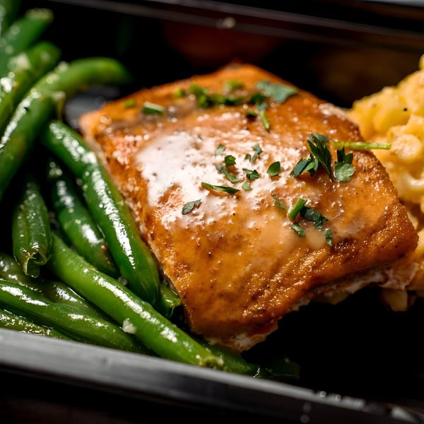 Victoria's Kitchen & Catering's salmon with green beans and macaroni and cheese.