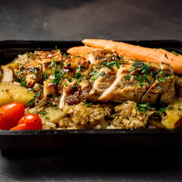 Victoria's Kitchen & Catering's grilled chicken, rice, and vegetables in a black container.