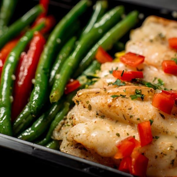 Victoria's Kitchen & Catering's soul food meal with green beans, red peppers, and seasoned fish.