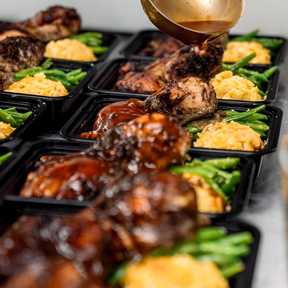 A ladle pours sauce over Victoria's Kitchen's soul food meal prep containers with chicken, green beans, and mashed potatoes.
